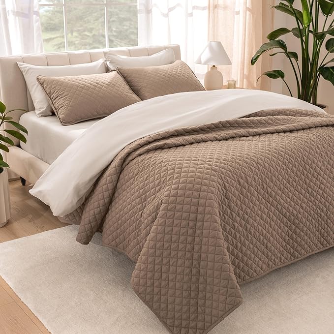 Bare Home Coverlet Set - Twin/Twin Extra Long - Lightweight Bed Decor - Comforter Alternative - All-Season Quilted Bedspread (Twin/Twin XL, Taupe)