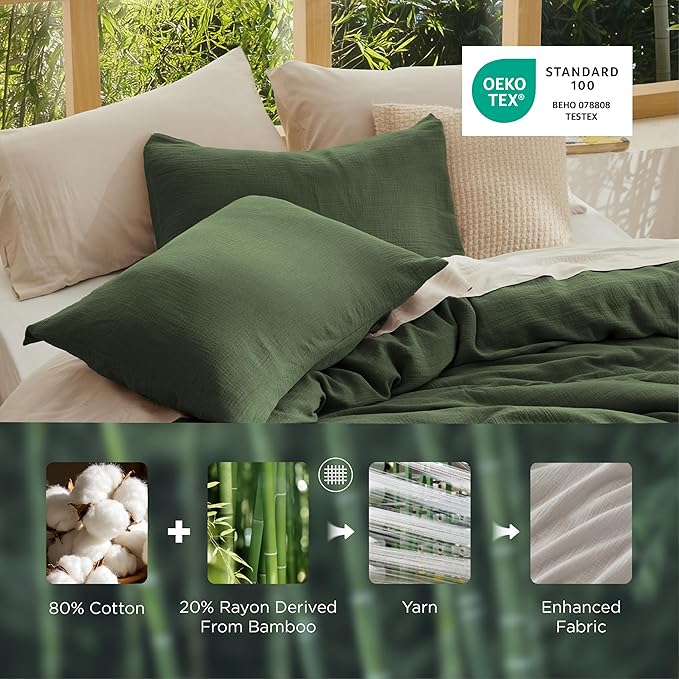 Bedsure Muslin Duvet Cover King Size - Cotton Blend Rayon Derived from Bamboo, Cooling Duvet Covet for Hot Sleepers - Ultra-Soft & Breathable Bedding Set for All Seasons(Olive Green, 104"x90")