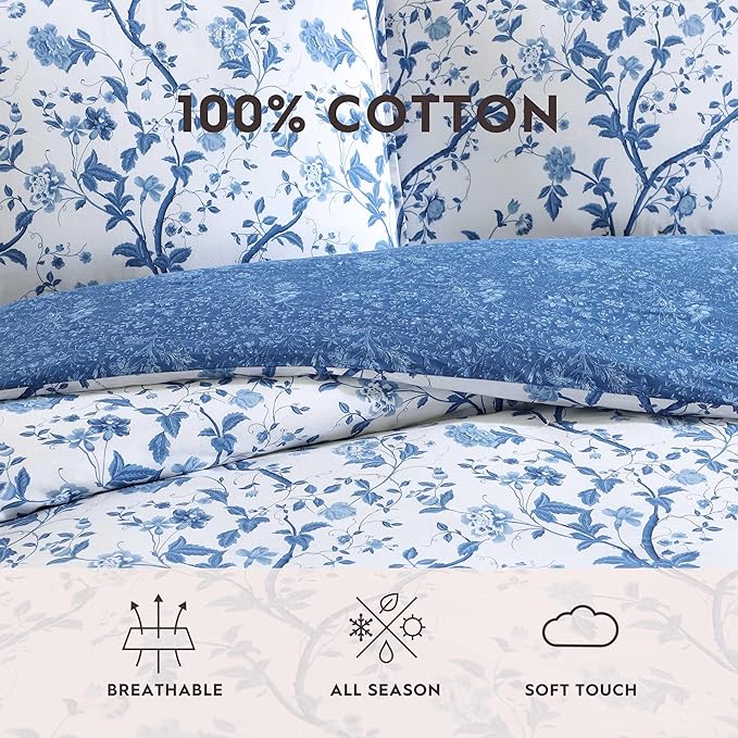 Laura Ashley - Queen Comforter Set, Soft & Reversible Cotton Bedding, Medium Weight for Year Round Comfort, 7 Piece Bed Set with Matching Pillowcases, Euro Shams & Bonus Throw Pillows (Elise Blue)