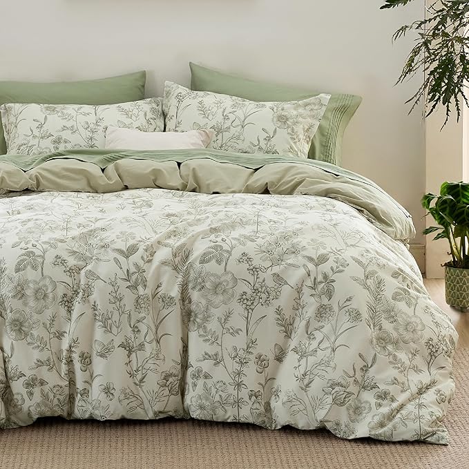 Bedsure Duvet Cover Queen Size - 100% Cotton Reversible Floral Queen Duvet Cover Set with Zipper Closure, 3 Pieces Soft & Breathable Botanical Green Bedding Set with 2 Pillow Shams 20"x26"