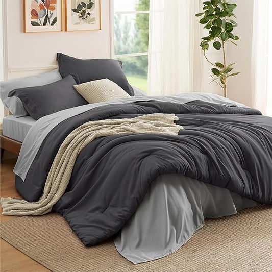 Bedsure California King Comforter Set - 7 Pieces Dark Grey California King Bedding Set for All Seasons, Boho Contrasting Design Bed in a Bag with Comforter, Sheets, Pillowcases & Shams