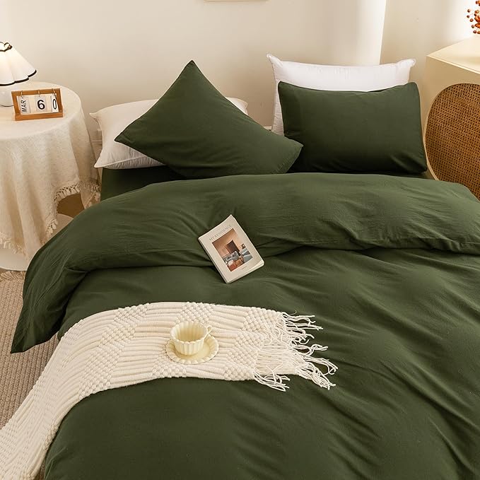 ECOCOTT 3 Pieces Duvet Cover Queen Size 100% Washed Cotton 1 Duvet Cover with Zipper and 2 Pillowcases, Ultra Soft and Easy Care Breathable Cozy Simple Style Bedding Set (Avocado Green)