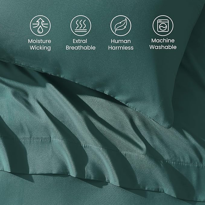SLEEP ZONE Nanotex Super Soft Cooling Twin Bed Sheets Set for Kids 3 Piece - Easy Care Fitted Flat Sheet & Pillowcase Sets - Wrinkle Free, Fade Resistant, Deep Pocket 16" (Teal, Twin)