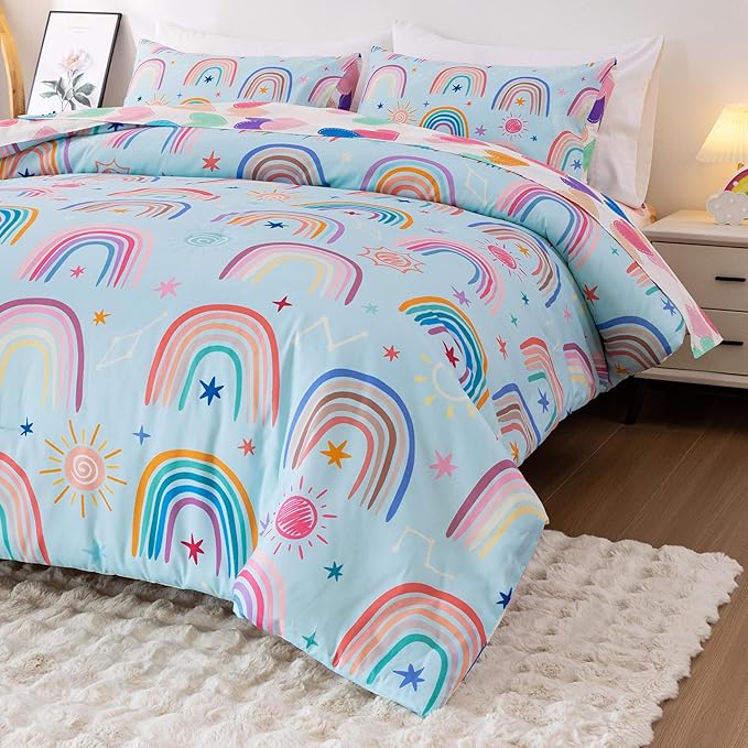 Btargot Lightweight Soft 3 Piece Rainbow Comforter Set with 2 Pillow Covers, Cartoon Love Hearts Suns and Stars Bedding Set for Girls Boys Kids, Full Light Blue