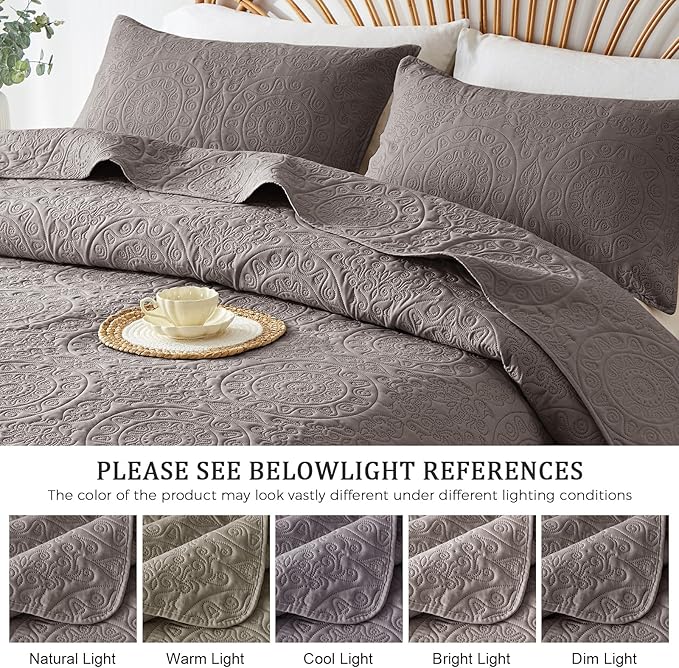 WURUIBO Dark Gray Quilt Set King/Cal King Size, Embossing Microfiber Bedspreads with Pillow Sham, Ligthweight Breathable Thin Coverlet, Reversible Bedding Set for All Season (1 Quilt, 2 Pillow Shams)