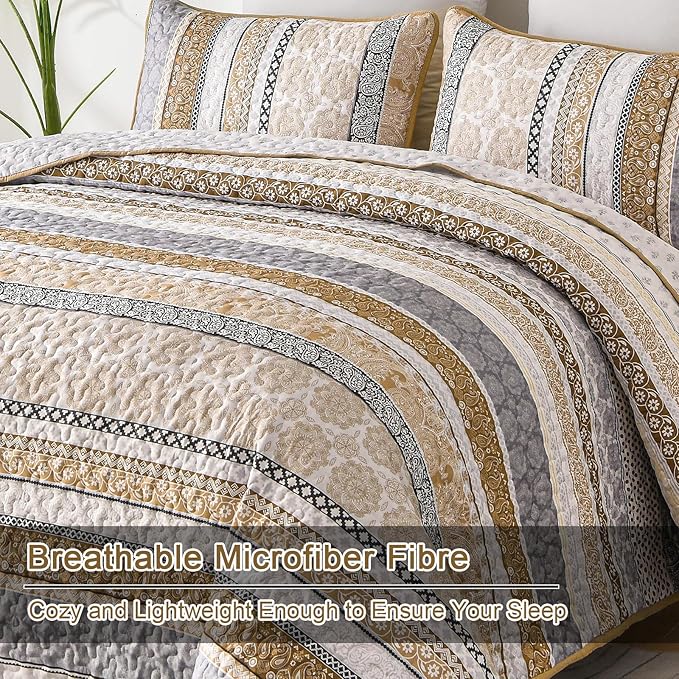 WONGS BEDDING Boho Quilt Set King Size, Brown Bohemian 3 Pieces Fall Quilt Sets, Lightweight Bedspread Coverlet Bedding Set for All Season (104"x90")