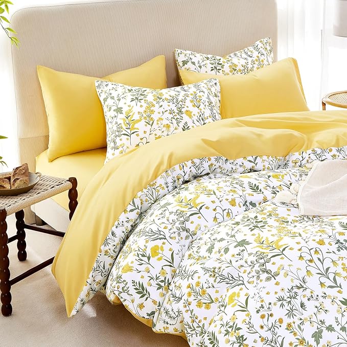 Wake In Cloud - Floral Duvet Cover Set, Shabby Chic Cottage Garden Botanical Flower Style with Elegant Wildflower Pattern, Soft Lightweight Bedding, 3 Pieces, Yellow White, Full Size