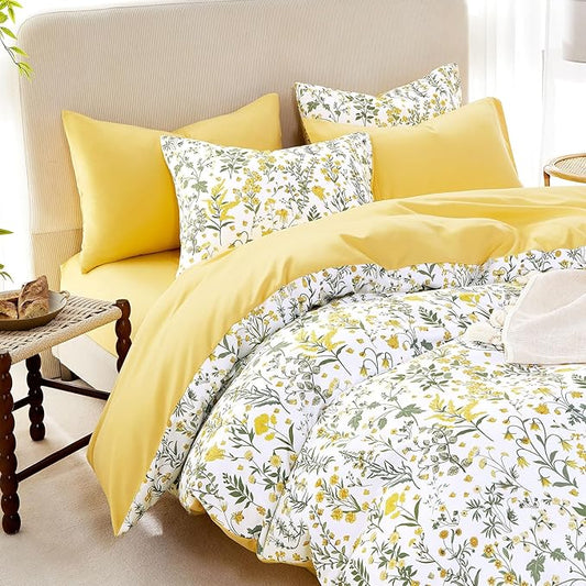 Wake In Cloud - Floral Duvet Cover Set, Shabby Chic Cottage Garden Botanical Flower Style with Elegant Wildflower Pattern, Soft Lightweight Bedding, 3 Pieces, Yellow White, Twin/Twin XL Size