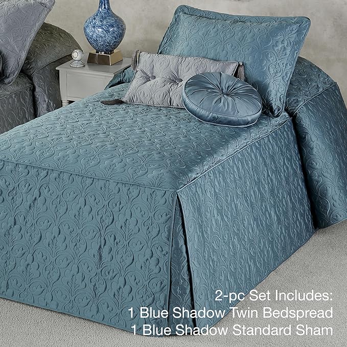 Cambridge Classic Luxury Bedding | Bold Blue Shadow Solid Color Polyester Satin | Elaborate Damask Quilting | 2 Piece Bed Set Includes Twin Bedspread and Standard Pillow Sham | Also Fits Twin XL Beds