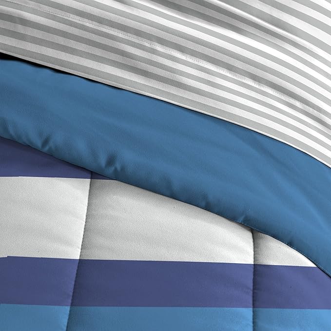 Dream Factory Kids 5-Piece Complete Bed Set Easy-Wash Super Soft Microfiber Comforter Bedding, Twin, Blue Rugby Stripe, (2D872701BL)