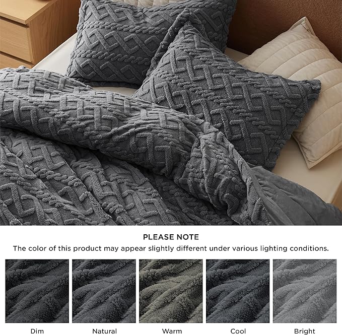 Bedsure Fluffy Flannel Duvet Cover Set - Faux Fur Comforter Cover Queen Size, Dark Grey Warm Plush Bedding for Winter, 3-Piece Set with Zipper Closure (90"x90") and 2 Pillow Shams