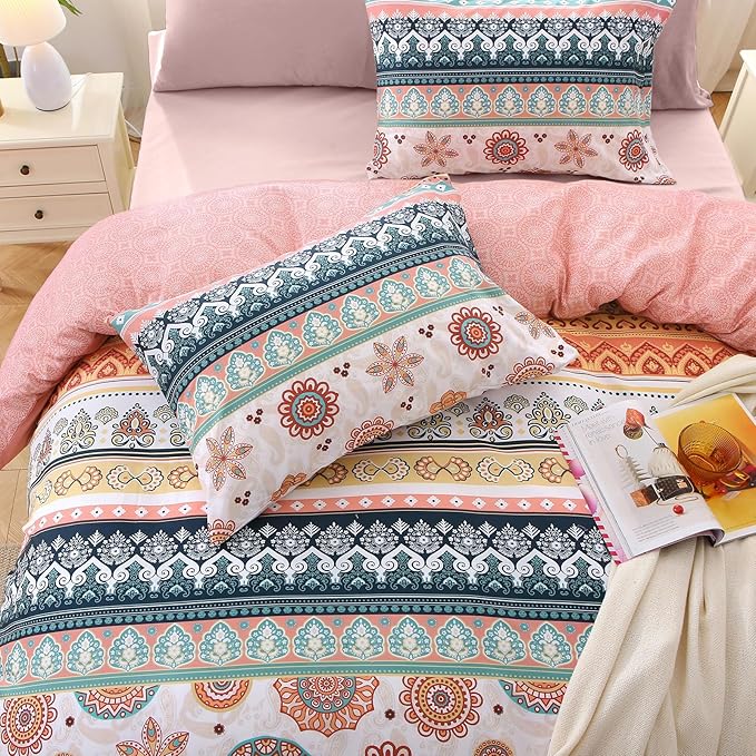 MUXHOMO Bed in a Bag Queen 7 Pieces, Queen Comforter Set Reversible Bohemian Botanical Flowers Design, Ultra Soft & Breathable Bedding Sets with Comforter, Sheets, Pillowcases & Shams