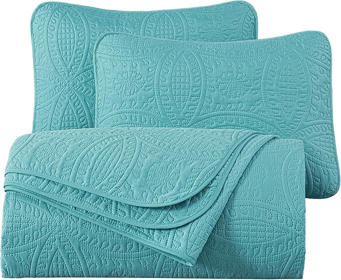 Chezmoi Collection Austin 3-Piece Oversized Bedspread Coverlet Set (Queen, Turquoise)