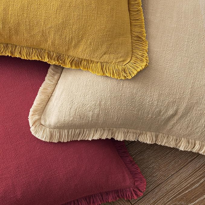 MIULEE Decorative Throw Pillow Covers Neutral Linen Fringe Throw Pillows Euro Shams Set of 2 Burgundy Boho Farmhouse Cushion Covers for Couch Sofa Bed Living Room Home Decor 24x24 Inch