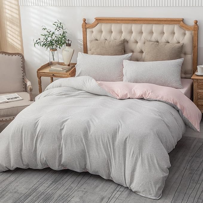 PURE ERA Jersey Knit Duvet Cover Set 100% T-Shirt Heather Cotton Super Soft Comfy Classic Striped Design, with Zipper Closure, Grey Light Pink Pinstripe, King.