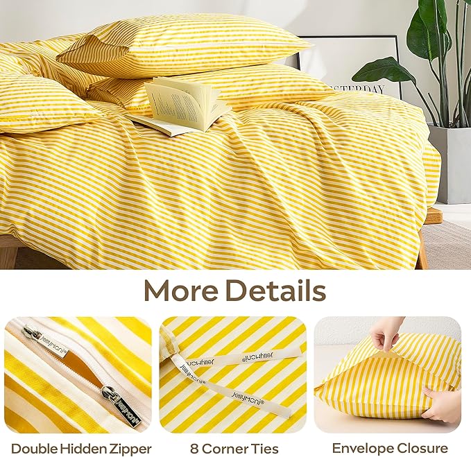 JELLYMONI 100% Natural Cotton 3pcs Striped Duvet Cover Sets,Yellow with White Stripes Pattern Printed Comforter Cover,with Zipper Closure & Corner Ties(Queen Size)