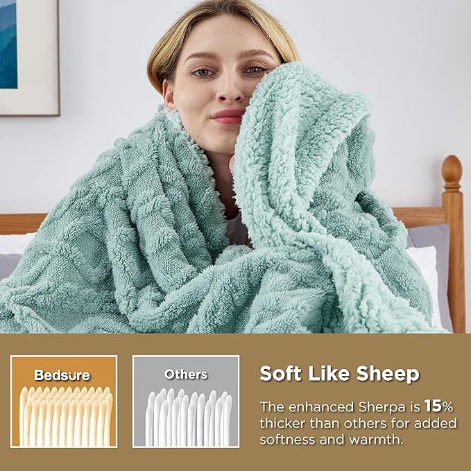 Bedsure Gentlesoft Sherpa King Size Blanket for Bed- Fleece Fluffy & Cozy Cable Jacquard Tufted for Women Gift, Thick and Warm Christmas Blanket for Winter, Sage Green, 108x90 Inches