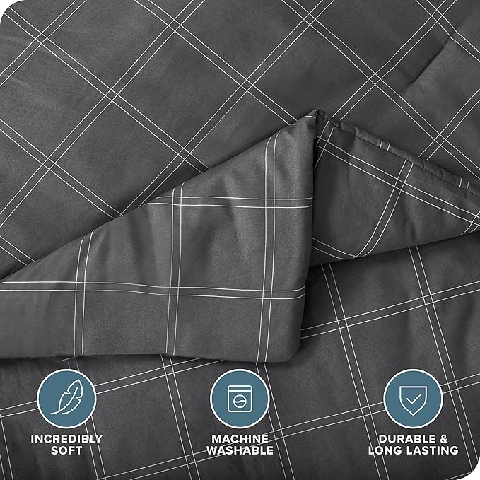 Bare Home Bed-in-A-Bag 7 Piece Comforter & Sheet Set - Full - Track Stitch - Goose Down Alternative - Ultra-Soft 1800 Premium - Bedding Set (Full, Modern Plaid - Grey/White)
