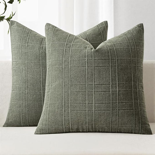 MIULEE Decorative Linen Check Throw Pillow Covers Neutral Farmhouse Vintage Spring Pillow Covers 18x18 Set of 2 Boho Modern Home Decor for Sofa Couch Bedroom Cushion Olive Green