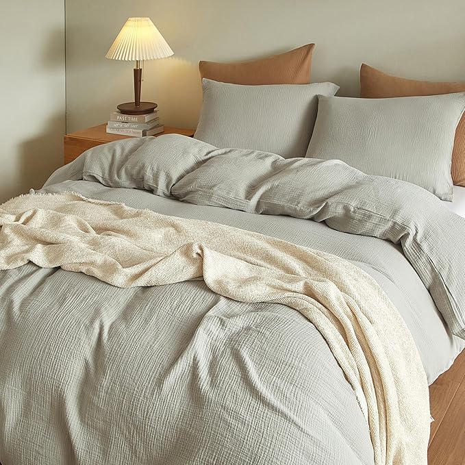 SE SOFTEXLY Muslin Duvet Cover California King Size, 100% Washed Cotton Duvet Cover Set, Ultra Soft Comforter Cover Linen Like, 3 Pieces Gauze Duvet Cover with 2 Pillowcases, 98"x104", Smoky-Green