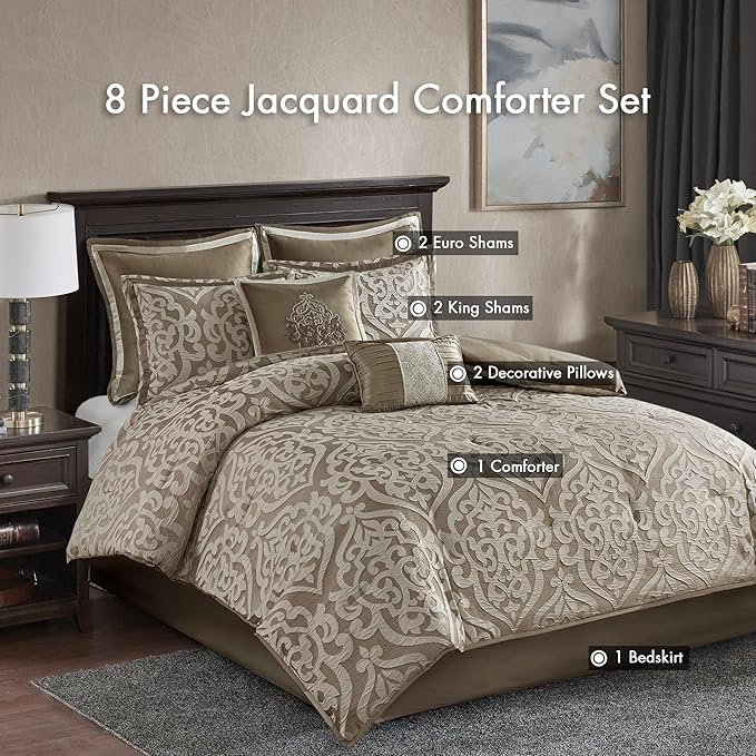 Madison Park Odette Cozy Comforter Set Jacquard Damask Medallion Design - Modern All Season, Down Alternative Bedding, Shams, Decorative Pillow, King(104 in x 92 in), Tan 8 Piece