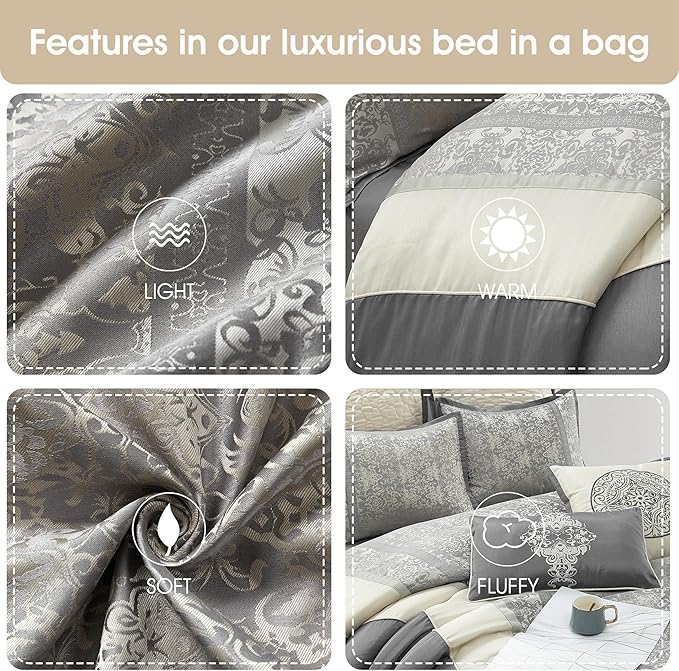 Grand Avenue Silver/Ivory Damask Patchwork Comforters Queen Size Set, 8 Piece, Jacquard Pillow Sham, Bedskirt, Decorative Pillow, All Season Bedding Set