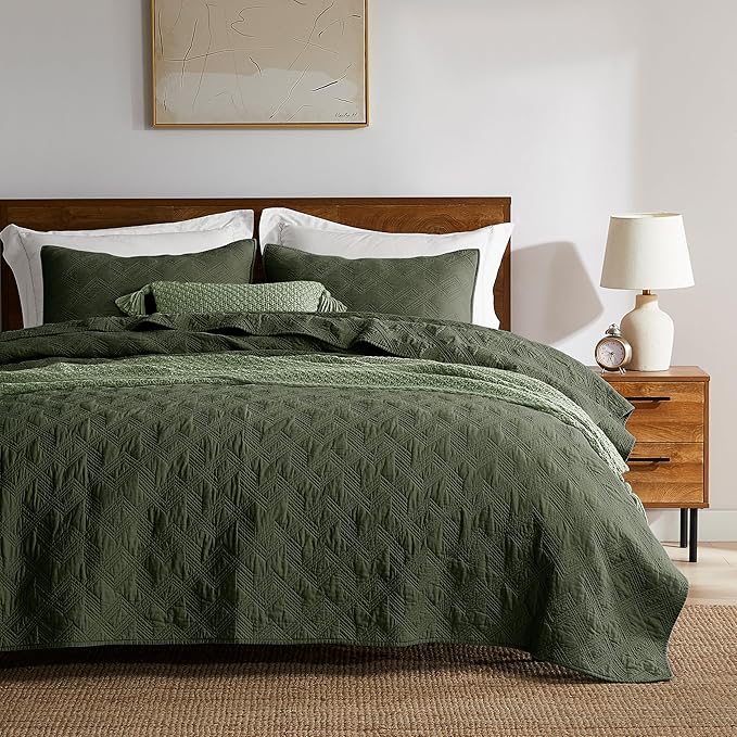 WDCOZY 100% Cotton King Size Quilt Set - Olive Green Pre-Washed Soft Lightweight Modern Bedspread, Farmhouse Country Rustic Coverlet, Textured Like Linen, Shabby Chic Gauze Bedding, 3 Pieces