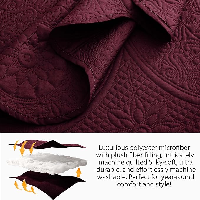 MOONLIGHT20015 8 Pack Quilt King Size Bedding (106" x 96") - Bulk Wholesale for Hotels, Guest Bedroom & Airbnbs - Lightweight Microfiber Reversible Floral Embossed Quilts Bedspreads (Burgundy)