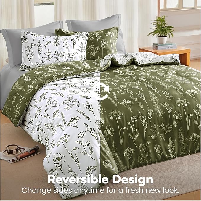 Joiedomi King Size Comforter Set Olive Green, 3 Pieces Floral King Bedding Set with 1 Soft Reversible Botanical Comforter and 2 Pillow Shams, Bed in a Bag for All Seasons