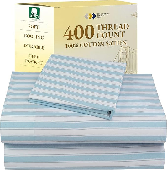 California Design Den Printed Twin XL Sheet Sets - 400 Thread Count Sateen, Natural 100% Cotton Sheets, Deep Pockets, and Durable Bedding Set - Cape Stripe