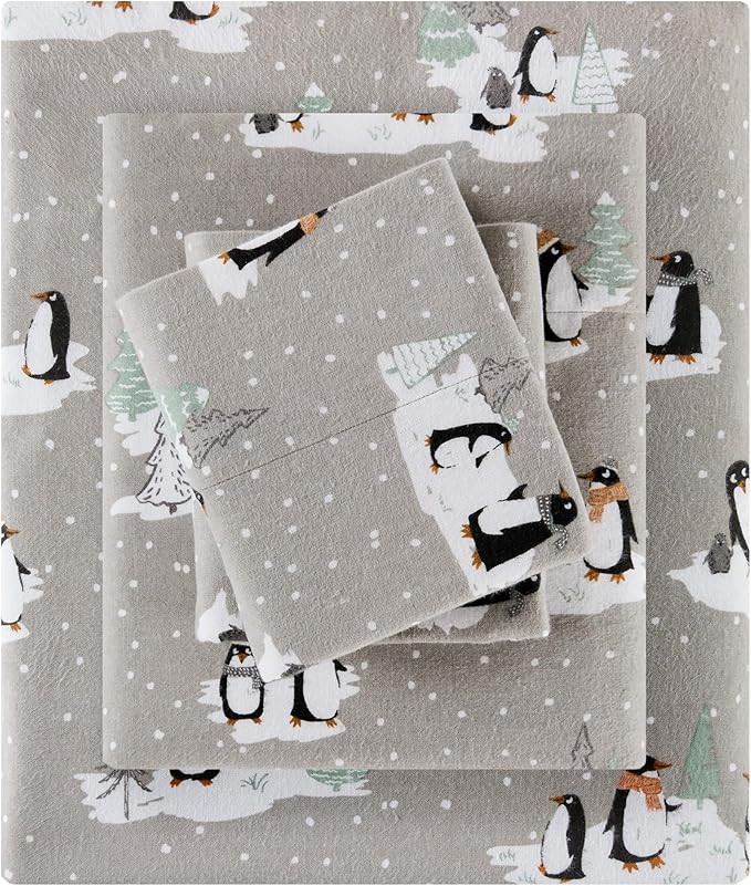 True North by Sleep Philosophy Cozy Flannel Warm 100% Cotton Sheet - Novelty Print Animals Stars Cute Ultra Soft Cold Weather Bedding Set, Full, Grey Penguins 4 Piece