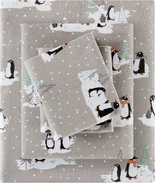 True North by Sleep Philosophy Cozy Flannel Warm 100% Cotton Sheet - Novelty Print Animals Stars Cute Ultra Soft Cold Weather Bedding Set, Full, Grey Penguins 4 Piece
