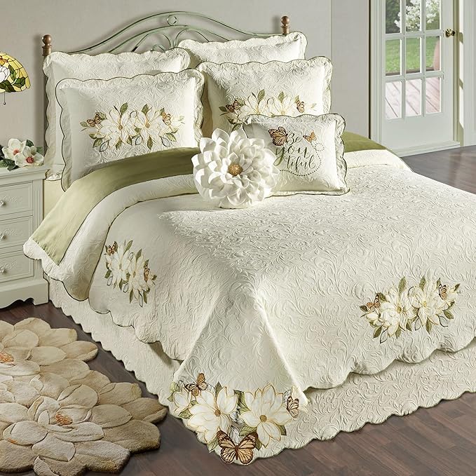 Sweetbay Garden Luxury Matelasse Bedding | Magnolia, Butterfly, & Leaf Velvet Appliques | 4-Pc Ivory Textured Scroll Lightweight Bed Set with King Coverlet, Bedskirt, 2 King Shams, & 2 Accent Pillows