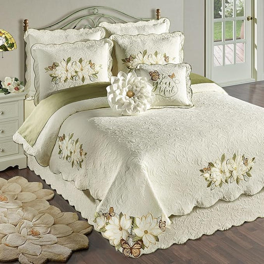 Sweetbay Garden Luxury Matelasse Bedding | Magnolia, Butterfly, & Leaf Velvet Appliques | 4-Pc Ivory Textured Scroll Lightweight Bed Set with King Coverlet, Bedskirt, 2 King Shams, & 2 Accent Pillows