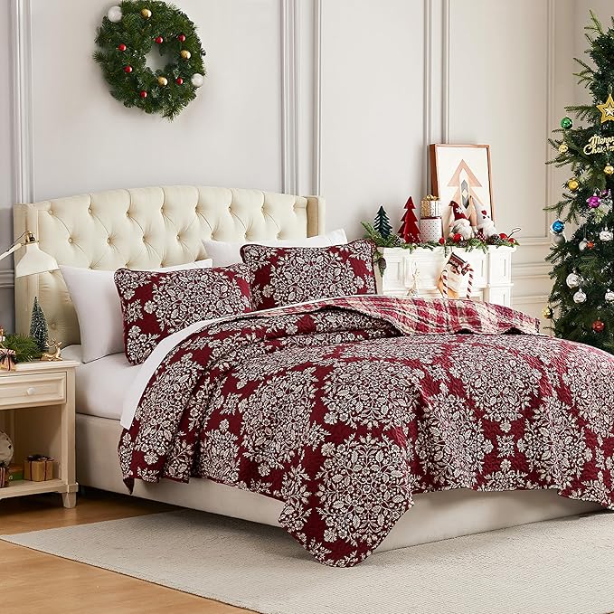Southshore Fine Living Christmas Quilt Twin XL Bedding Set, Reversible Farmhouse Christmas Bedding Coverlet, Twin XL Bedspread - Red Plaid