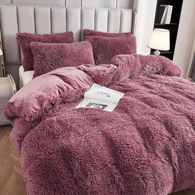 Uhamho Faux Fur Velvet Fluffy Bedding Duvet Cover Set Down Comforter Quilt Cover with Pillow Shams, Ultra Soft Warm and Luxury (King, Dusty Rose)