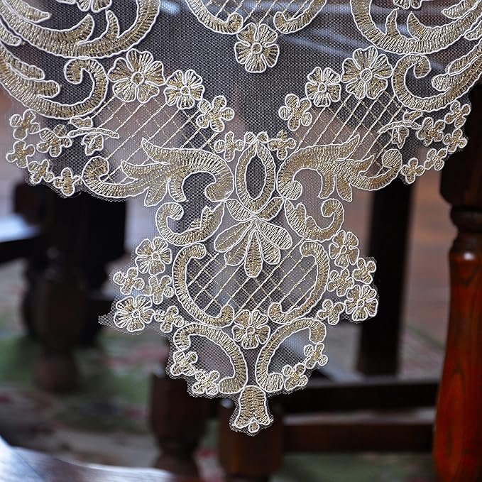 Elegant Vintage Lace Table Runner 36 inches(90cm) Long with Exquisite Macrame and Embroidered Floral Pattern Perfect as a Dresser Scarf (16X36'')