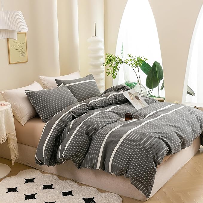ECOCOTT Duvet Cover Set, 100% Washed Cotton Linen-Like Textured Soft & Breathable, Durable Comfy Bedding Set for All Seasons California King Size, Grey Stripes