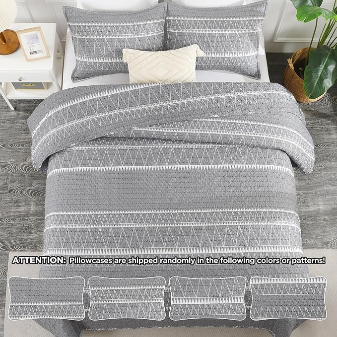 Andency Oversized Super King Quilt Set Grey, 3 Pieces Boho Lightweight Soft Striped Bedspread for All Season (120"x120"), Gray Printed Bohemian Microfiber Reversible Coverlet Comforter Sets