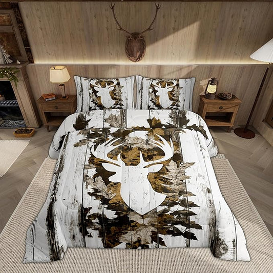 Feelyou Camo Deer Comforter Set Queen Size Deer Antlers Army Camouflage Bedding Set Boys Girls Hunting Comforter Set Animal Duvet Insert Bed Set 3Pcs