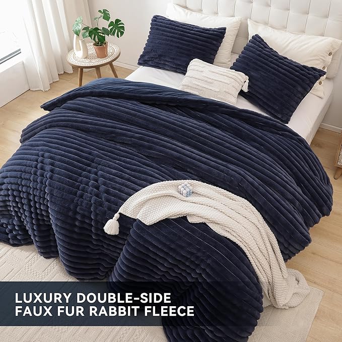 Smoofy Fluffy Twin Comforter Sets 2 Pieces - Navy Blue Fleece Fluffy Comforter Set, Luxury Fuzzy Twin Bedding Set, Soft Warm Comforter All Season, Heavy Faux Fur Comforter with Pillow Cases