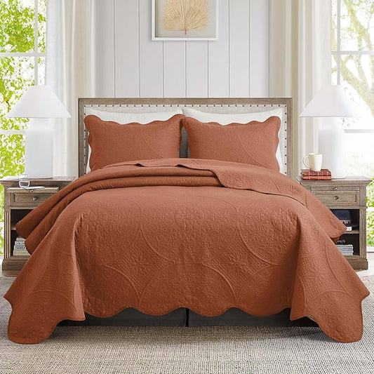 MOONLIGHT20015 Twin Quilt Bedding Set Size (66" x 86 ") + 1 Pillow Shams (20" x 26" + 2") - 2 Pcs All Season Lightweight Reversible Microfiber Coverlet Floral Embossed Quilt Bedspread (Rust)