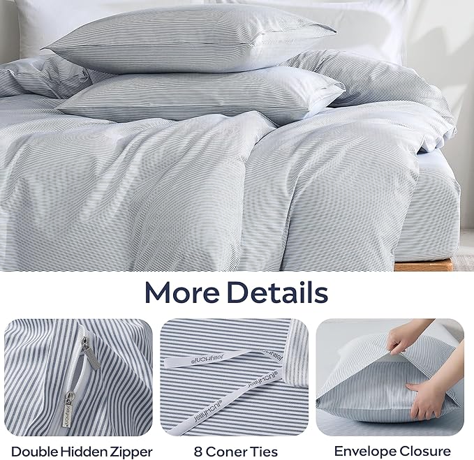 JELLYMONI 100% Natural Cotton 3pcs Striped Duvet Cover Sets,Blue Duvet Cover with Thin White Stripes Pattern Printed Comforter Cover,with Zipper Closure & Corner Ties(Full Size)
