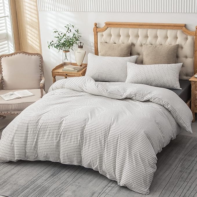 PURE ERA Jersey Knit Duvet Cover Set 100% T-Shirt Heather Cotton Super Soft Comfy Classic Striped Design, with Zipper Closure, Heather White & Black Pinstripe, Queen