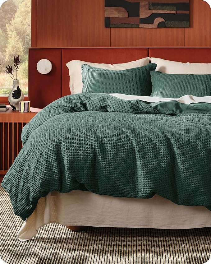 Bedsure Cotton Duvet Cover Queen - 100% Cotton Waffle Weave Forest Green Duvet Cover Queen Size, GentleSoft™ and Breathable Bedding Set for All Season, 3 Pieces, 90"x90"