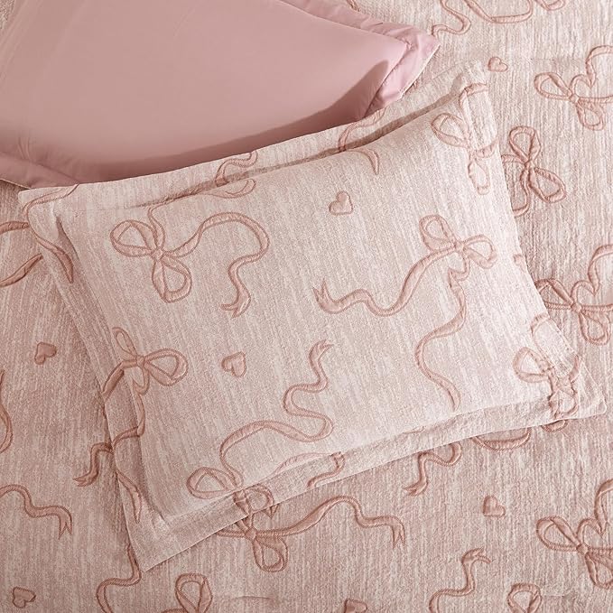 Geniospin Pink Full Comforter Set for Girls- 7 Pieces Bowknot Jacquard Bed in A Bag Full Bedding Sets with Sheets, Pillowcases & Shams, All Season Kids Comforter Set