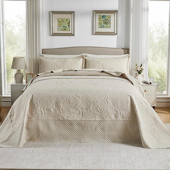 Qucover Oversized King Bedspreads 128x120, Soft Microfiber Ultrasonic Quilting Paisley Pattern California King Quilt Sets Oversized, 3 Piece Oversized Coverlet Bedding, Beige