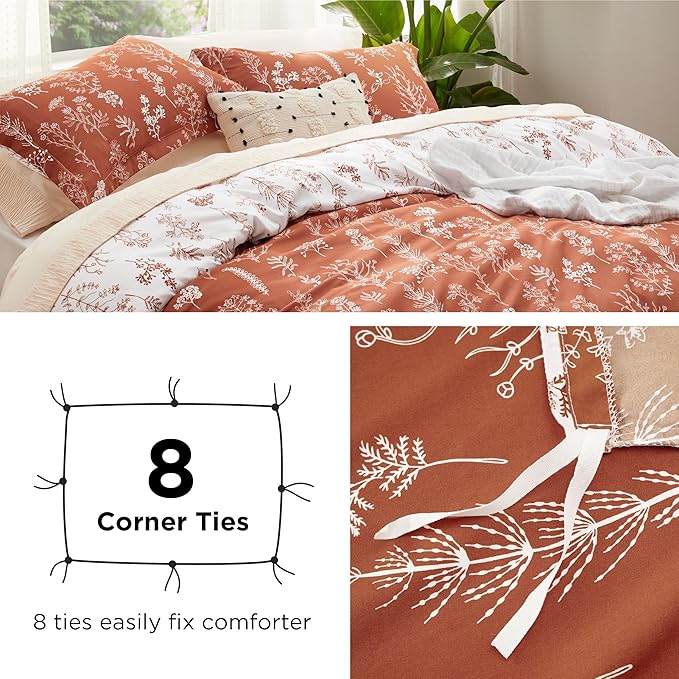Bedsure Duvet Cover King Size - Reversible Terracotta King Duvet Cover Set with Zipper Closure, 3 Pieces Floral Patterned Bedding Set with 8 Corner Ties and 2 Pillow Shams