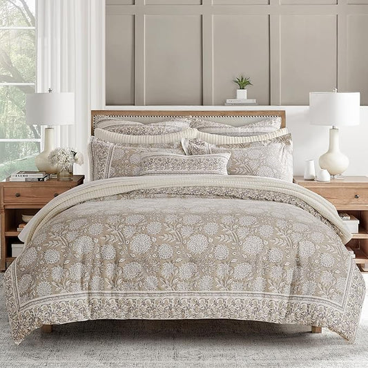 Levtex Home Adare Taupe Reversible Queen Duvet Cover Set (90x94in) with 2 Pillowcases (26x20in) - Floral Bedding - Taupe and White - 100% Cotton Queen Size Duvet Cover Set - Soft, Pre-Washed
