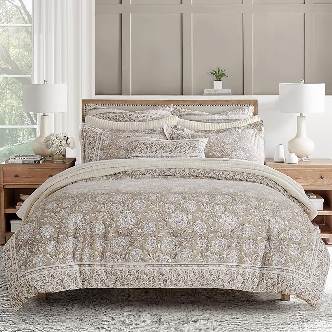 Levtex Home Adare Taupe Reversible Twin Duvet Cover Set (68x88in) with 1 Pillowcase (26x20in) - Floral Bedding - Taupe and White - 100% Cotton Twin Size Duvet Cover Set - Soft, Pre-Washed